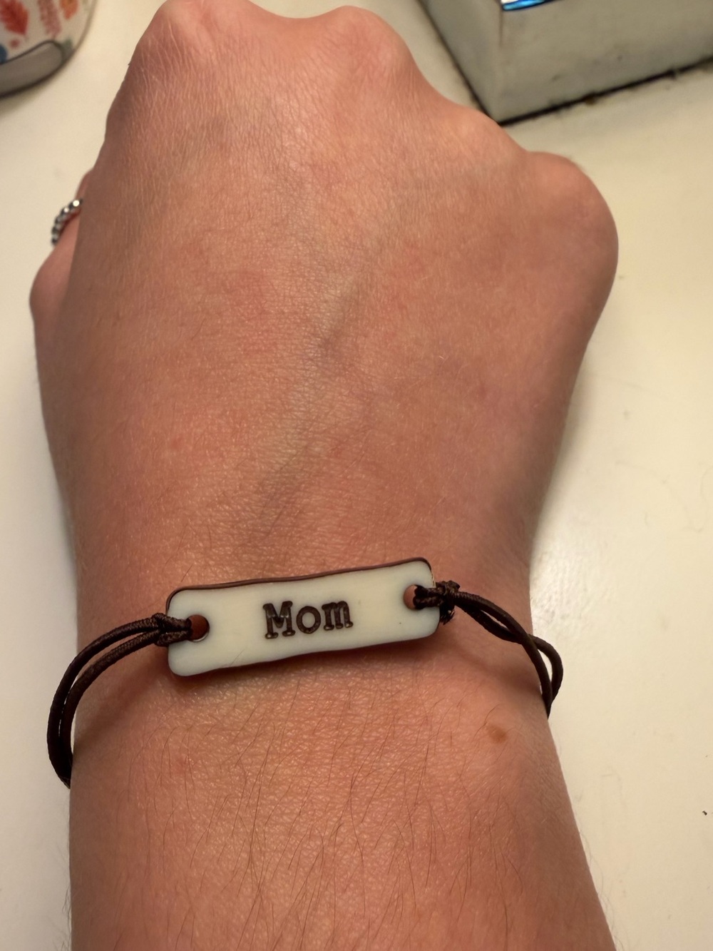 "Mom" bar tag brown cord adjustable gift dainty bracelet - Picture 2 of 4